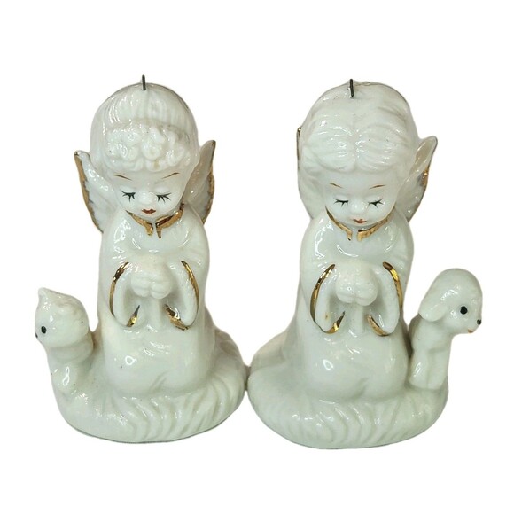 Napco Vintage Miniature Praying Angel Figurines Boy & Girl with Kitten & Lamb - Picture 3 of 9